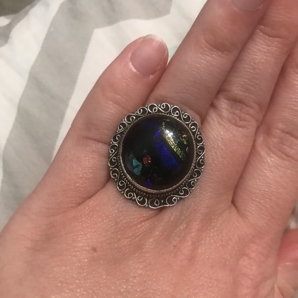 Sterling silver dichroic glass polka dot ring